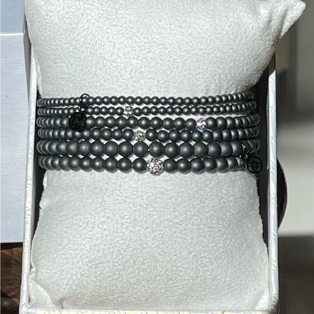 Rustic Cuff Set of 6 Matte Grey Bracelets with Crystal Bead